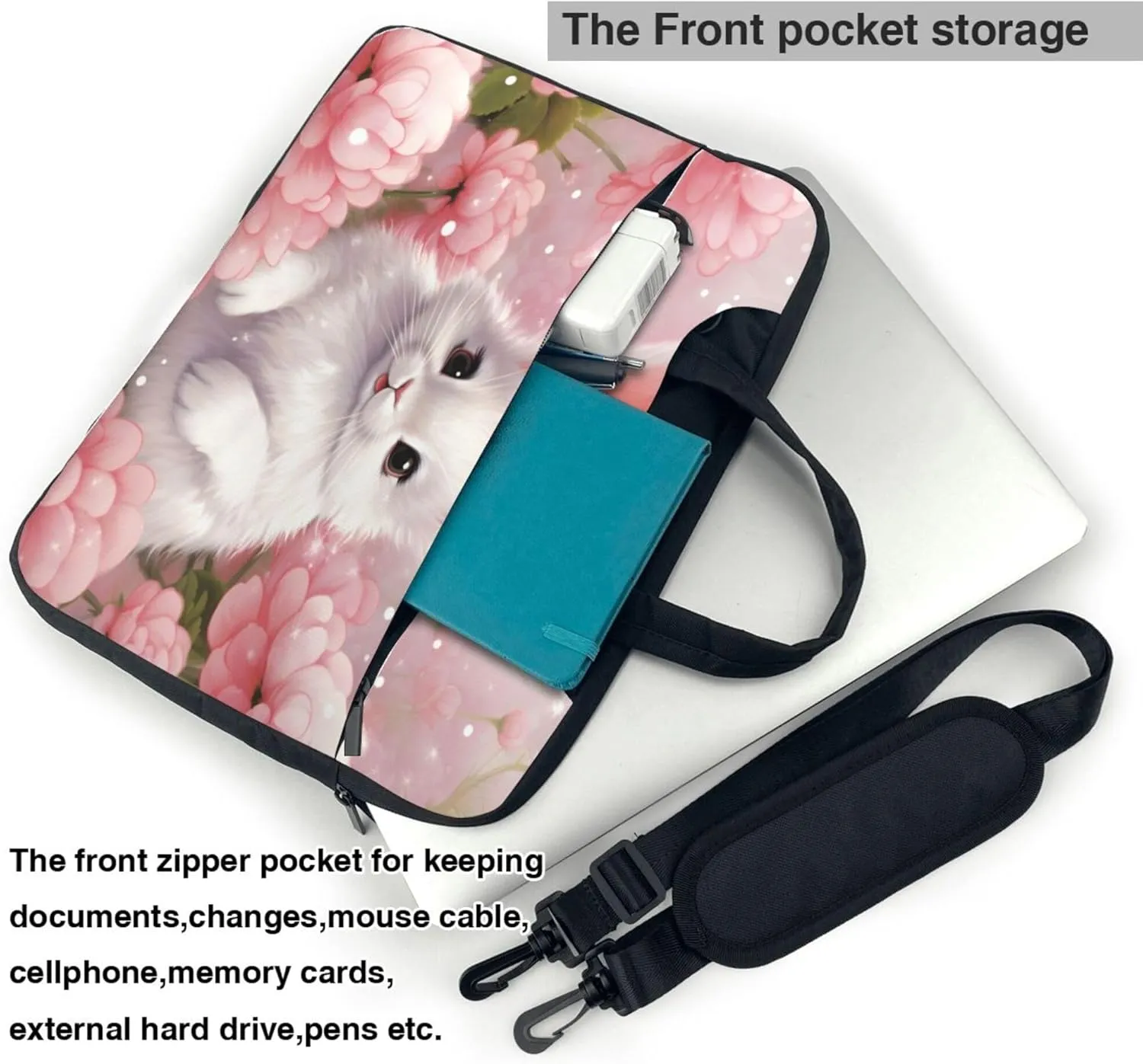 Cute Rabbit Laptop Shoulder Bag for Women, Bunny Flower Laptop Sleeve Case Durable Computer Bag