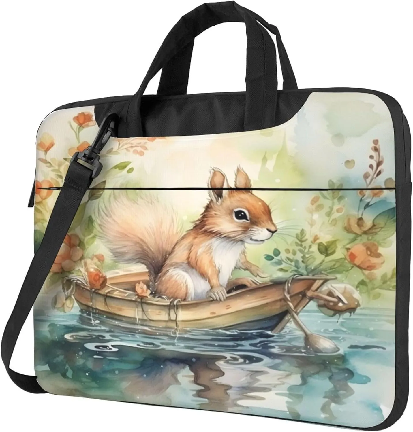 Cute Squirrel Laptop Shoulder Bag for Women, Squirrel Flowers Laptop Sleeve Case Durable Computer Bag