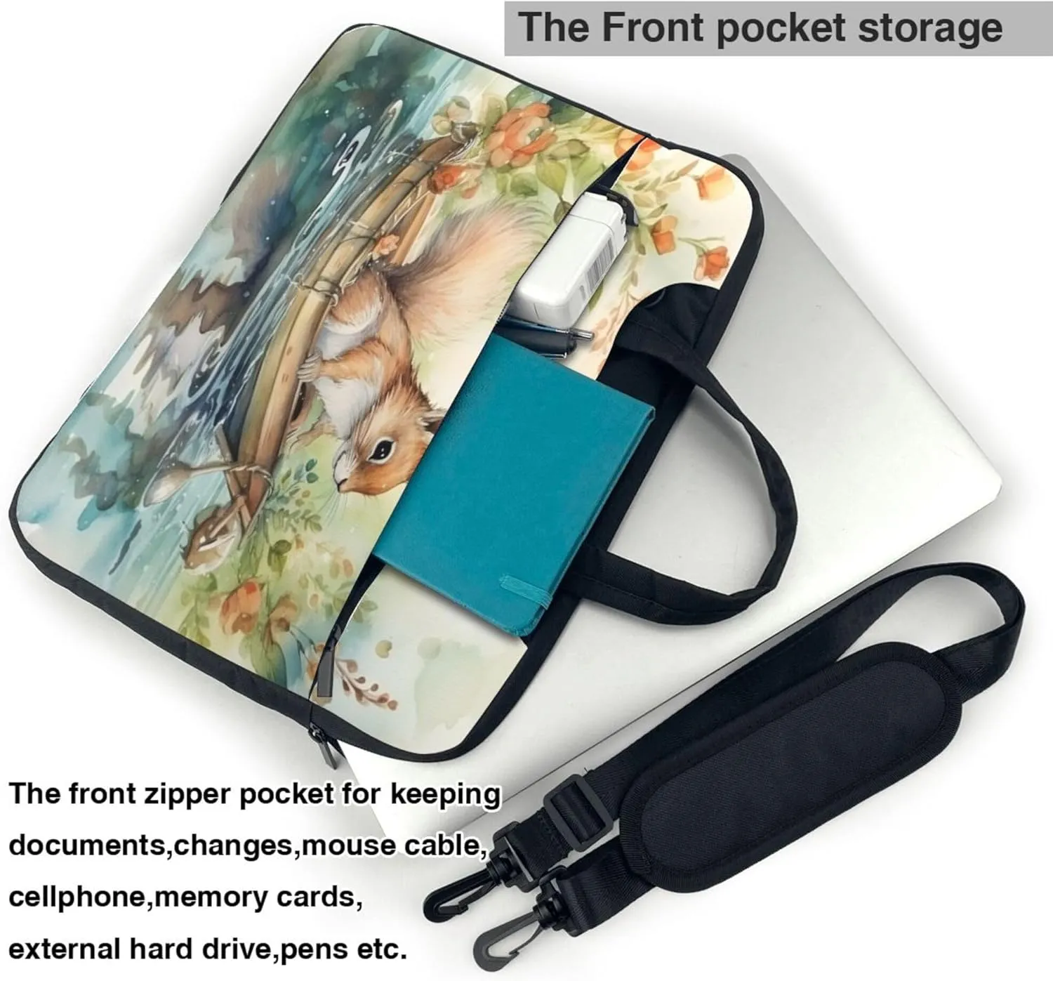 Cute Squirrel Laptop Shoulder Bag for Women, Squirrel Flowers Laptop Sleeve Case Durable Computer Bag