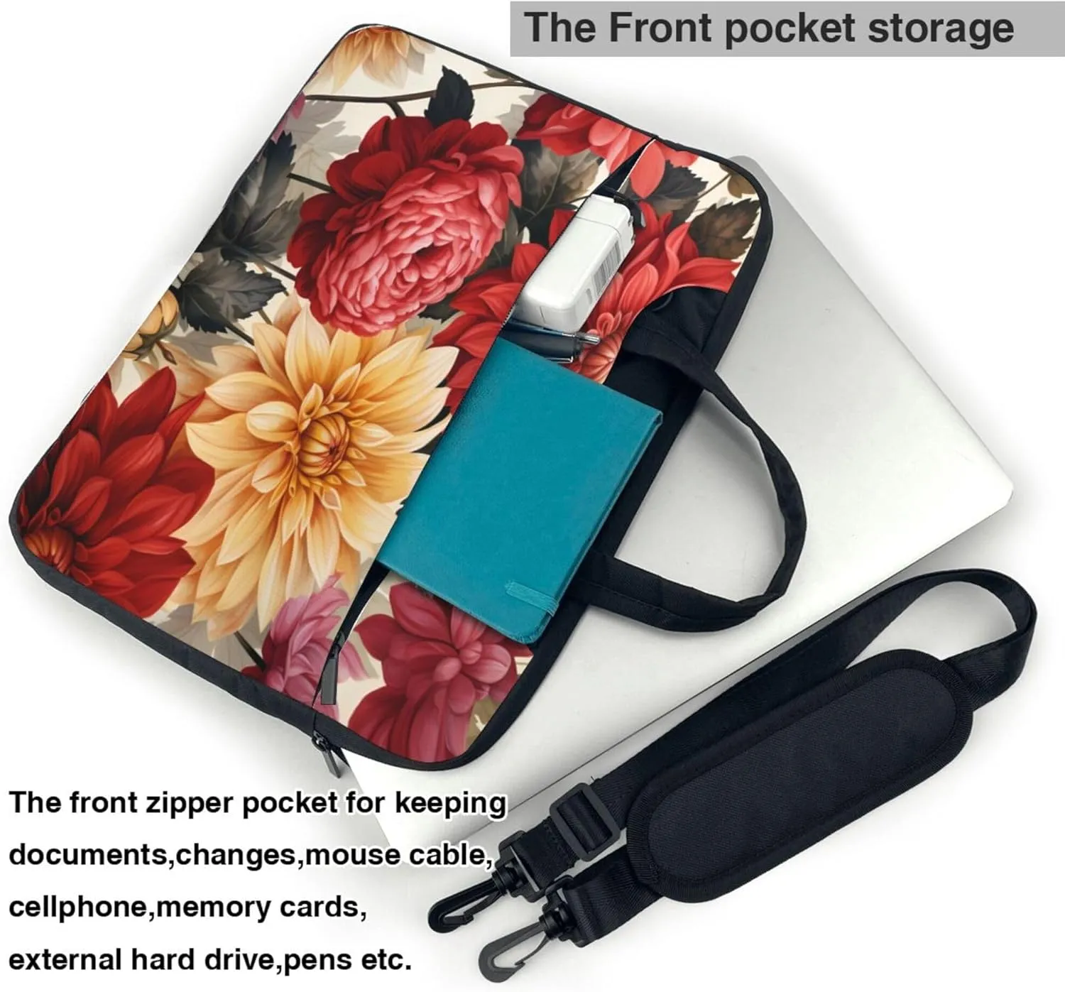 Dahlia Floral Laptop Shoulder Bag for Women, Watercolor Flower Laptop Sleeve Case Durable Computer Bag