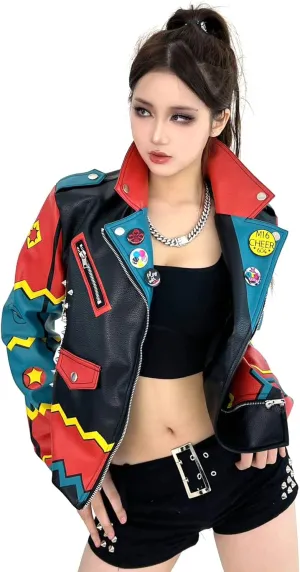 DARKSHE Women's Faux Leather PU Jacket, Graffiti Studded Rivet Punk Biker Moto Fashion Coat with Long Sleeve