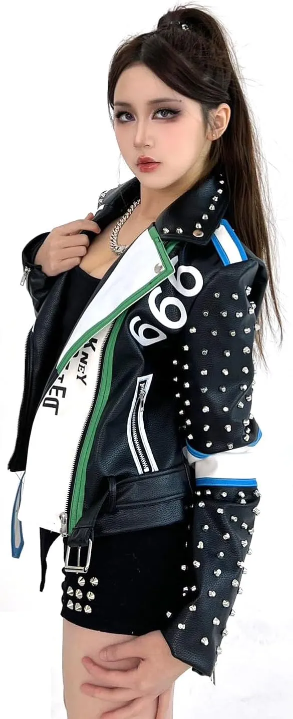 DARKSHE Women's Faux Leather PU Jacket, Graffiti Studded Rivet Punk Biker Moto Fashion Coat with Long Sleeve