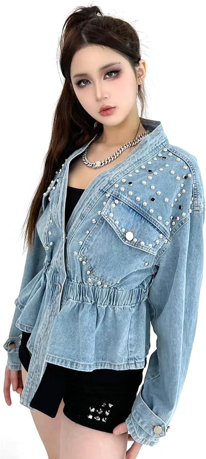 DARKSHE Women's Faux Leather PU Jacket, Graffiti Studded Rivet Punk Biker Moto Fashion Coat with Long Sleeve