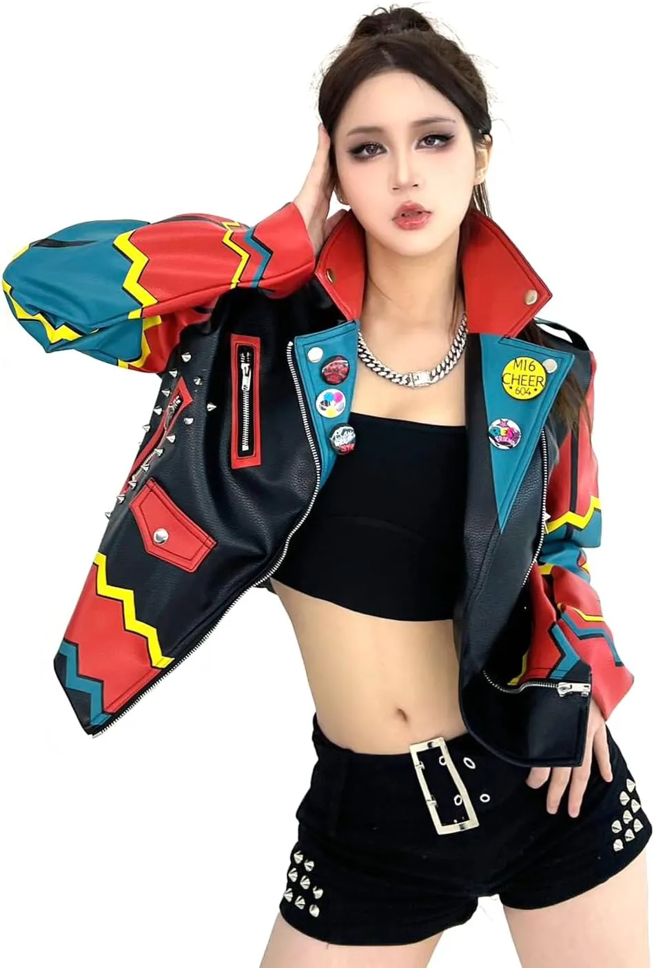 DARKSHE Women's Faux Leather PU Jacket, Graffiti Studded Rivet Punk Biker Moto Fashion Coat with Long Sleeve