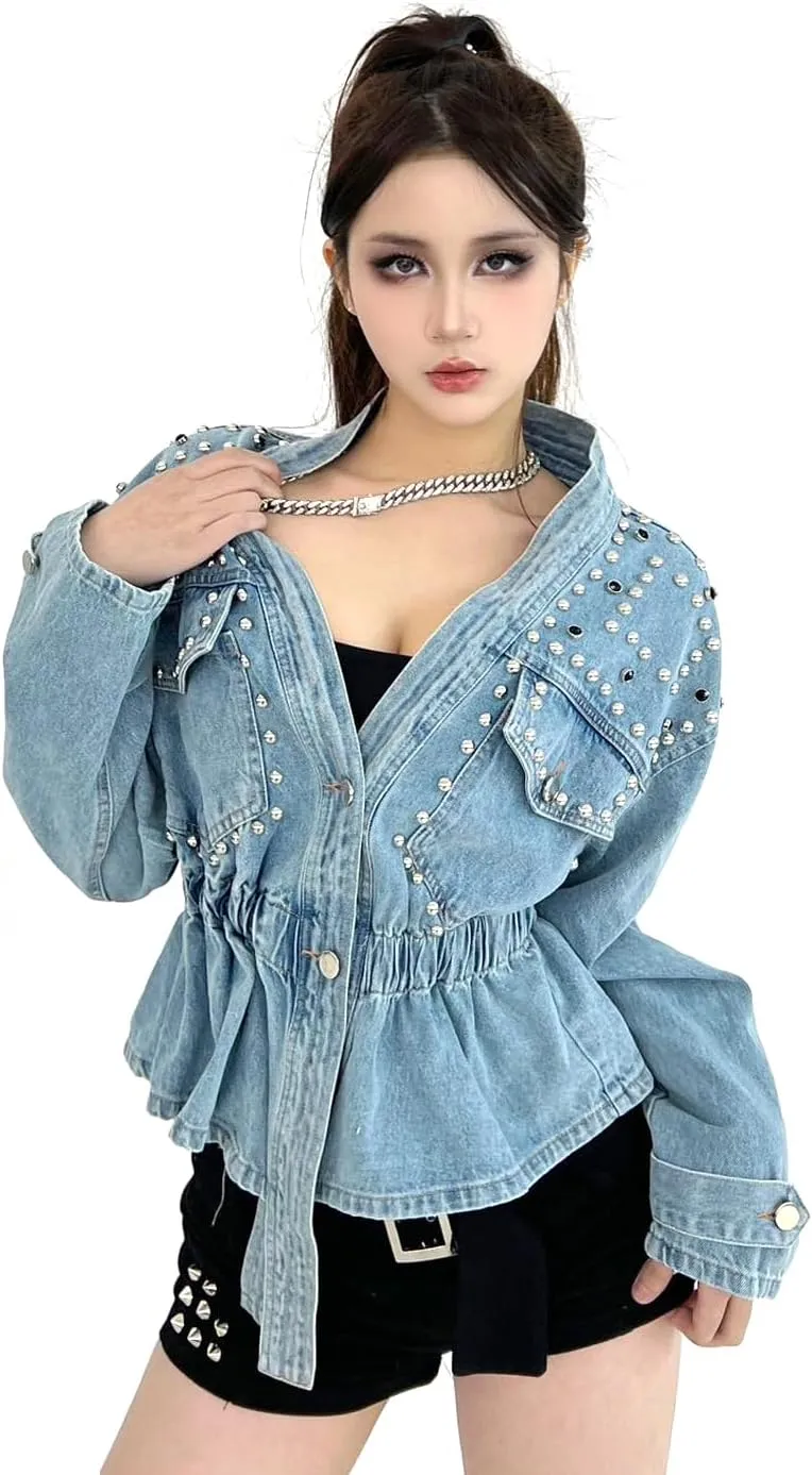 DARKSHE Women's Faux Leather PU Jacket, Graffiti Studded Rivet Punk Biker Moto Fashion Coat with Long Sleeve