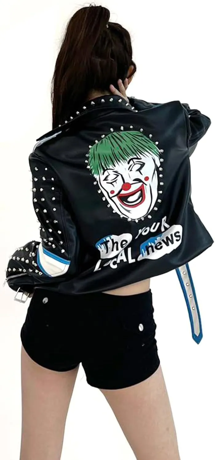 DARKSHE Women's Faux Leather PU Jacket, Graffiti Studded Rivet Punk Biker Moto Fashion Coat with Long Sleeve