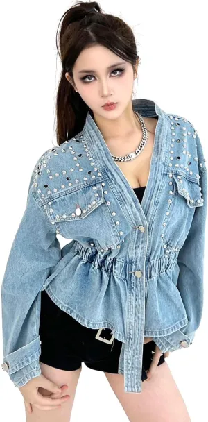 DARKSHE Women's Faux Leather PU Jacket, Graffiti Studded Rivet Punk Biker Moto Fashion Coat with Long Sleeve