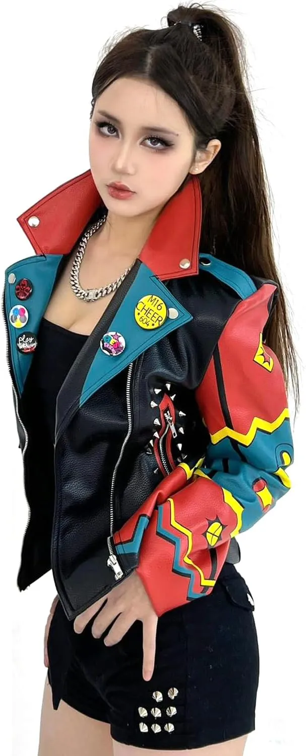 DARKSHE Women's Faux Leather PU Jacket, Graffiti Studded Rivet Punk Biker Moto Fashion Coat with Long Sleeve