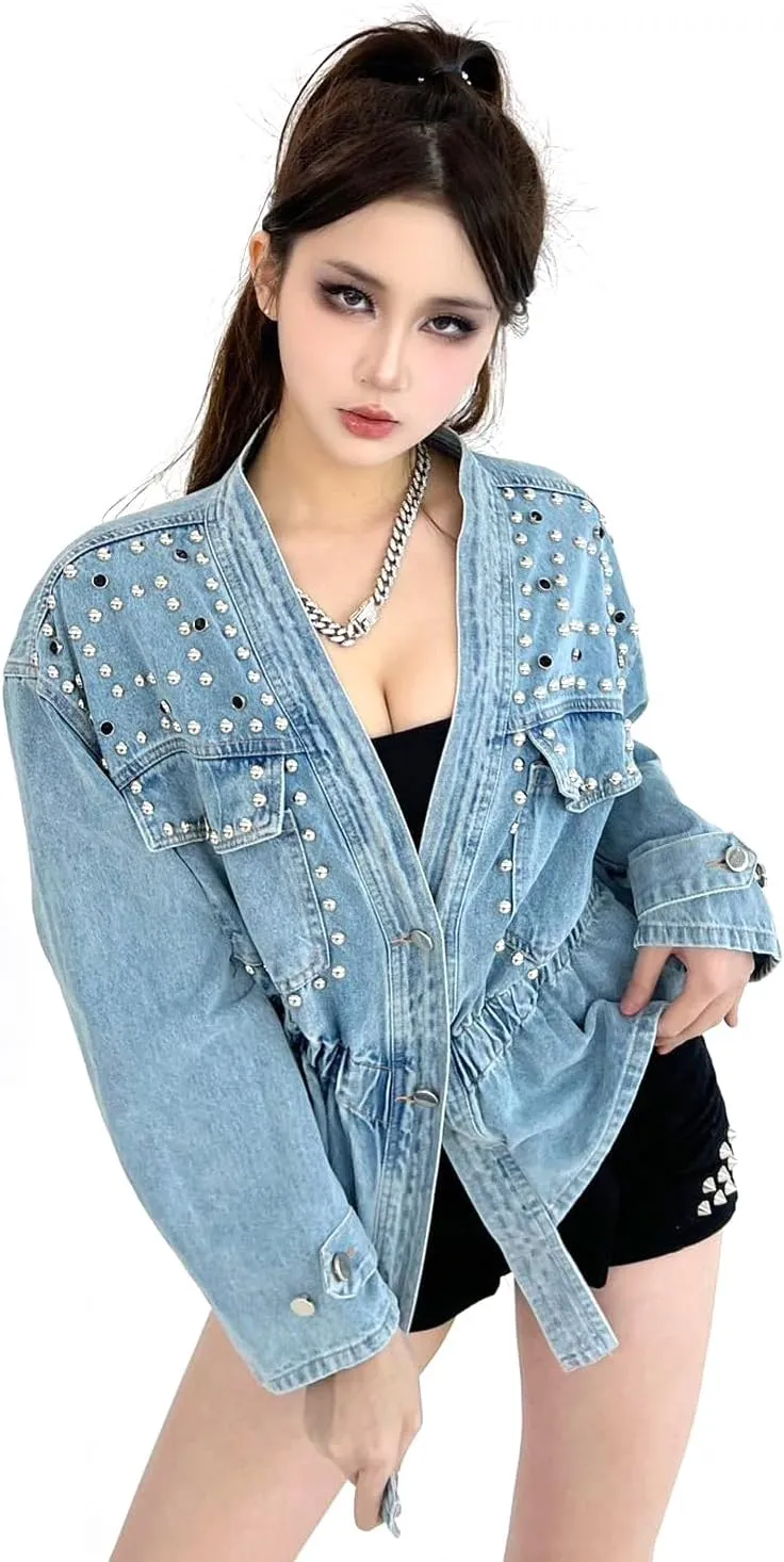 DARKSHE Women's Faux Leather PU Jacket, Graffiti Studded Rivet Punk Biker Moto Fashion Coat with Long Sleeve