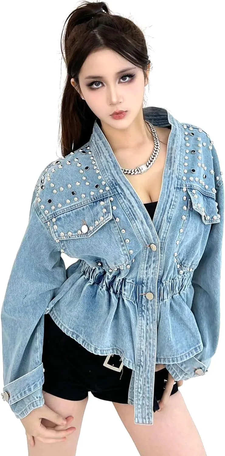 DARKSHE Women's Faux Leather PU Jacket, Graffiti Studded Rivet Punk Biker Moto Fashion Coat with Long Sleeve