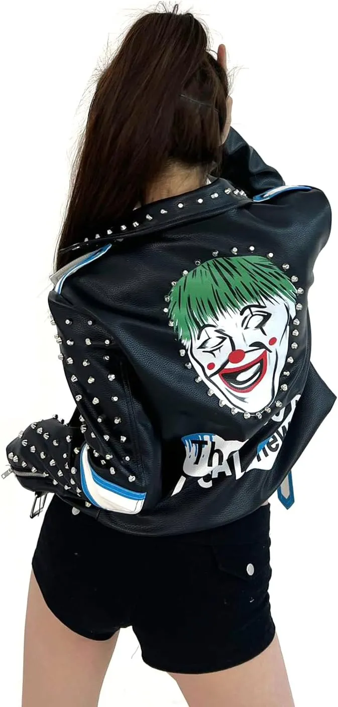 DARKSHE Women's Faux Leather PU Jacket, Graffiti Studded Rivet Punk Biker Moto Fashion Coat with Long Sleeve