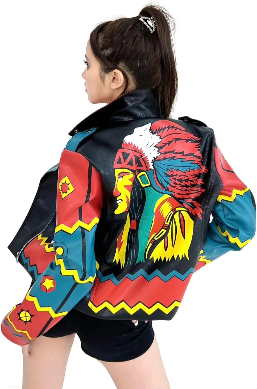 DARKSHE Women's Faux Leather PU Jacket, Graffiti Studded Rivet Punk Biker Moto Fashion Coat with Long Sleeve