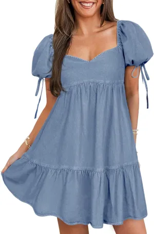 Denim Dress for Women Puff Short Sleeve Jean Dresses Sweetheart Neck Denim Mini Dress