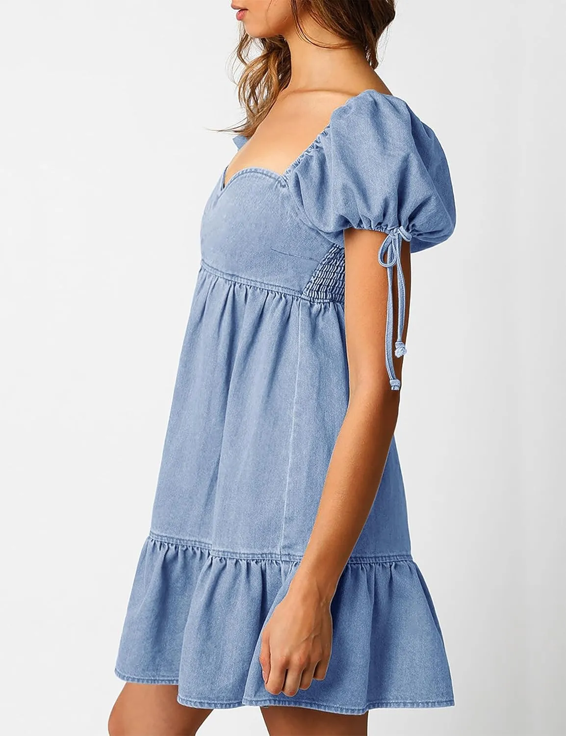 Denim Dress for Women Puff Short Sleeve Jean Dresses Sweetheart Neck Denim Mini Dress