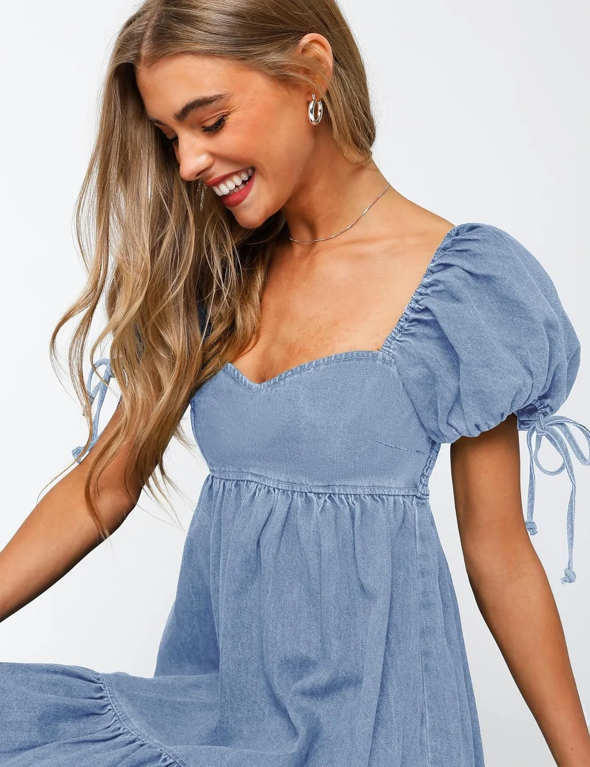 Denim Dress for Women Puff Short Sleeve Jean Dresses Sweetheart Neck Denim Mini Dress