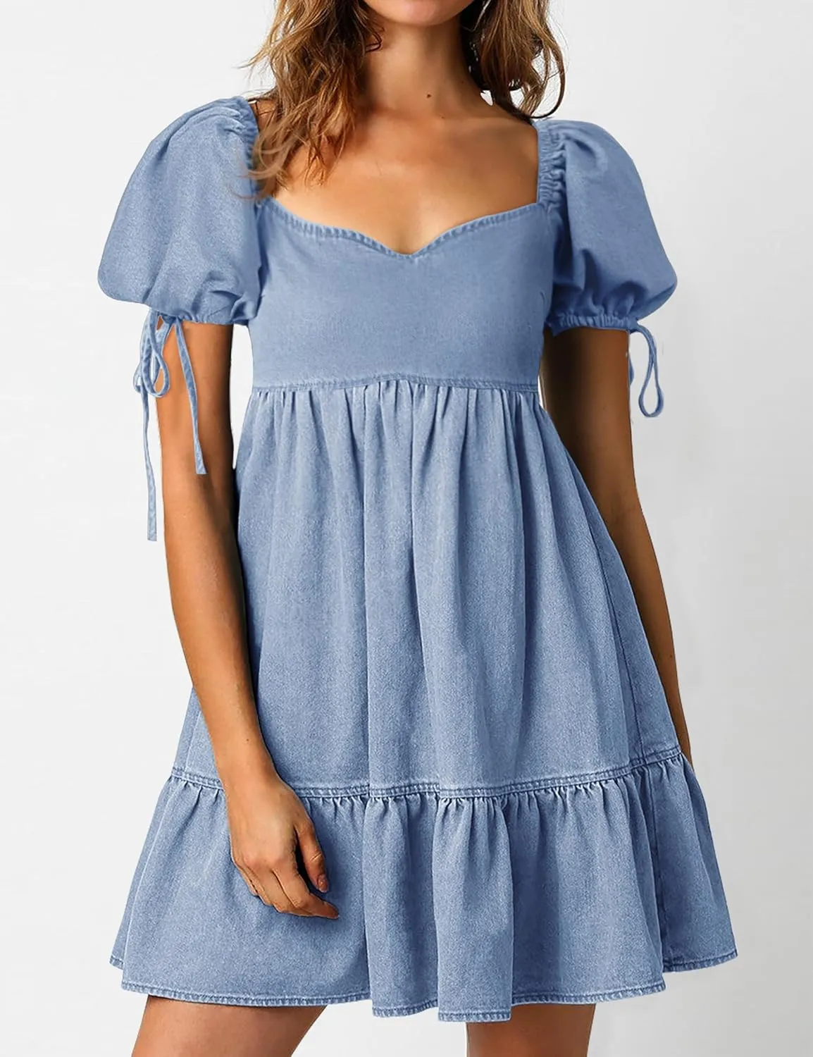 Denim Dress for Women Puff Short Sleeve Jean Dresses Sweetheart Neck Denim Mini Dress