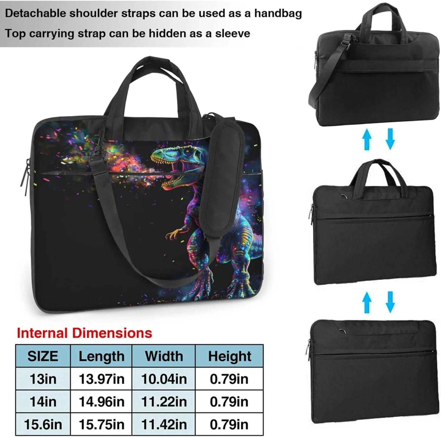 Dinosaur Space Laptop Shoulder Bag for Women, Glowing Dinosaur Laptop Sleeve Case Durable Computer Bag