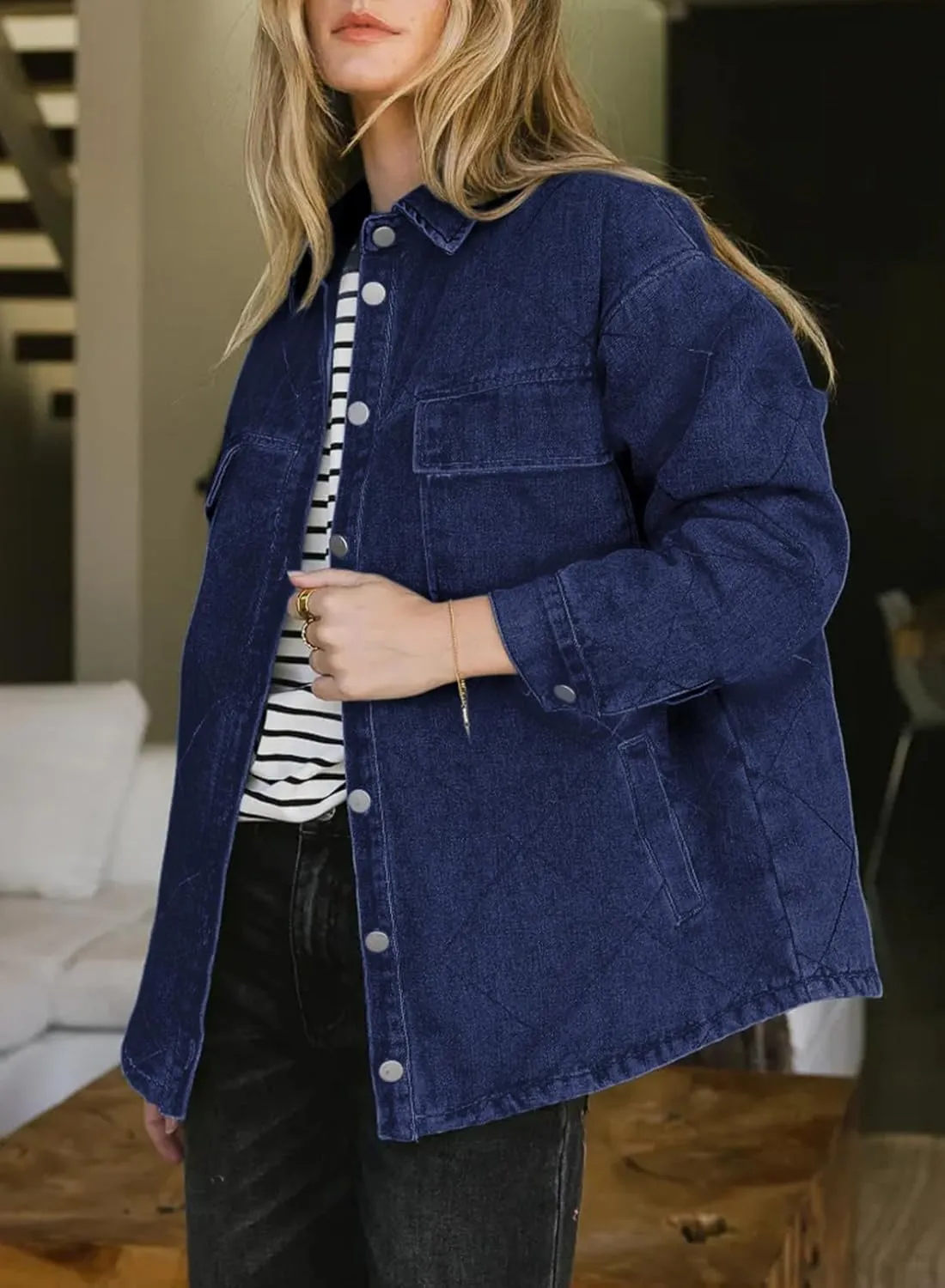 Dokotoo Denim Jacket for Women Fashion Solid Oversized Long Sleeve Button Down Shacket Jacket Coat with Pockets