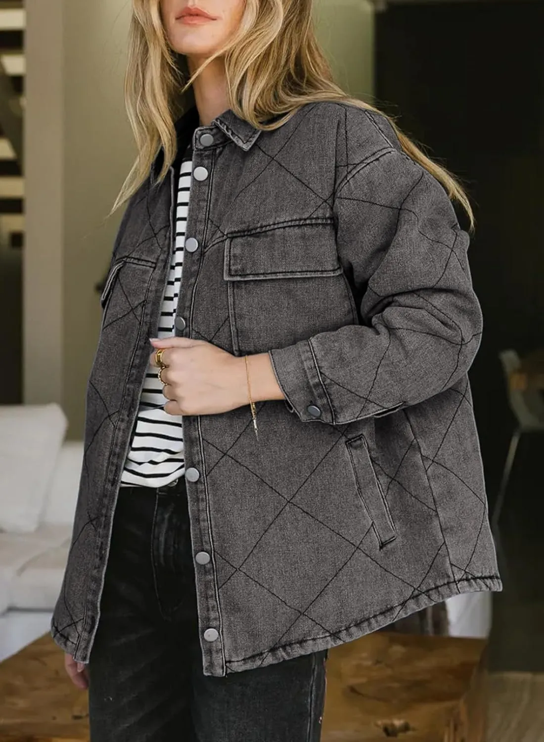 Dokotoo Denim Jacket for Women Fashion Solid Oversized Long Sleeve Button Down Shacket Jacket Coat with Pockets