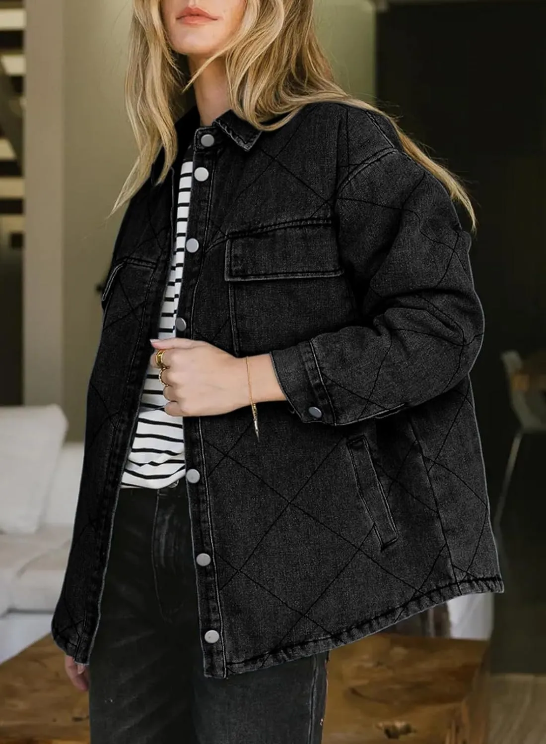 Dokotoo Denim Jacket for Women Fashion Solid Oversized Long Sleeve Button Down Shacket Jacket Coat with Pockets