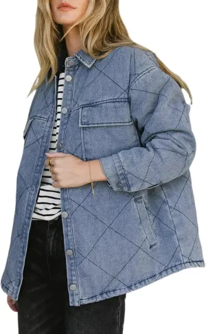 Dokotoo Denim Jacket for Women Fashion Solid Oversized Long Sleeve Button Down Shacket Jacket Coat with Pockets