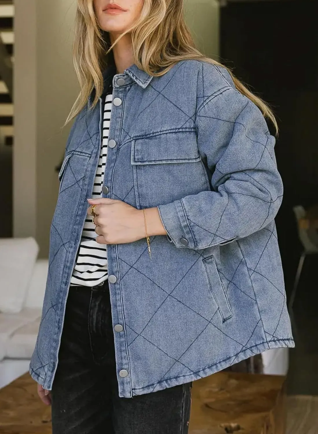 Dokotoo Denim Jacket for Women Fashion Solid Oversized Long Sleeve Button Down Shacket Jacket Coat with Pockets