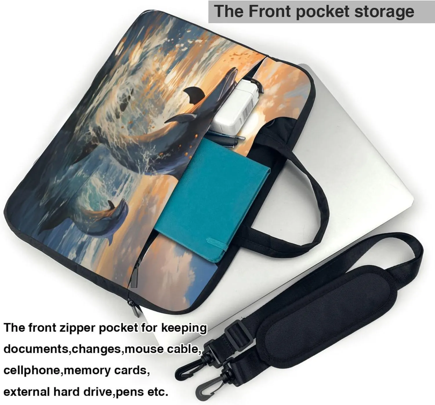Dolphin Sunset Laptop Shoulder Bag for Women, Ocean Dolphin Laptop Sleeve Case Durable Computer Bag