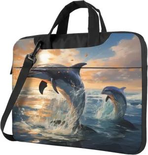 Dolphin Sunset Laptop Shoulder Bag for Women, Ocean Dolphin Laptop Sleeve Case Durable Computer Bag