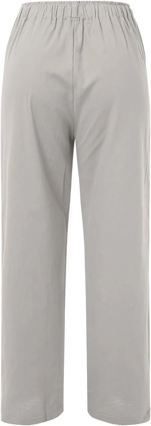 Drawstring Pants Women High Waisted Cotton Linen Wide Leg Summer Trouser Casual Loose Fit Palazzo Pull On Sweatpant