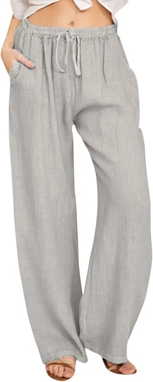 Drawstring Pants Women High Waisted Cotton Linen Wide Leg Summer Trouser Casual Loose Fit Palazzo Pull On Sweatpant