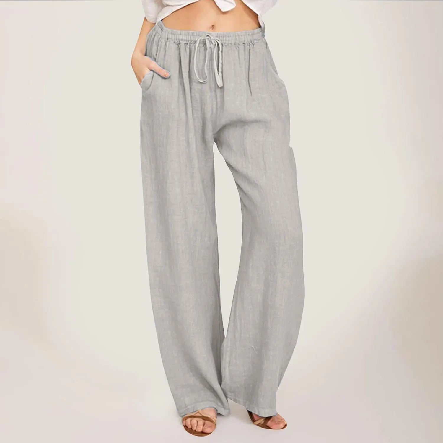Drawstring Pants Women High Waisted Cotton Linen Wide Leg Summer Trouser Casual Loose Fit Palazzo Pull On Sweatpant