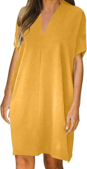 Dresses for Women V Neck Spring Summer Ruffle Short Sleeve Simple Mini Dress Casual Flowy Shift Graduation Dress with Pockets