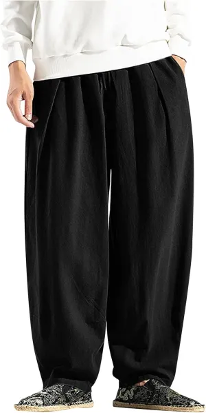 Dudubaby Men Casual Pants Mens Baggy Pants Drawstring Cotton Linen Wide Leg Yoga Pants Solid Color Baggy Pants