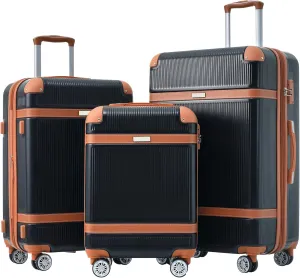 Durable 3-Piece Hardshell Luggage Set with Double Spinner Wheels, Lightweight and Expandable, Black