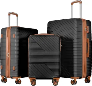Durable 3-Piece Hardshell Luggage Set with Double Spinner Wheels, Lightweight Expandable Suitcases, Black Brown