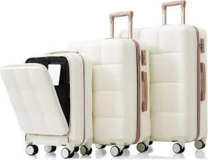 Durable 3-Piece Luggage Set with USB Port, Front Opening Design, and Spinner Wheels, White