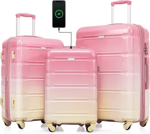 Durable 3-Piece Luggage Set with USB Port, Spinner Wheels, and ABS PC Hard Shell(Pink)