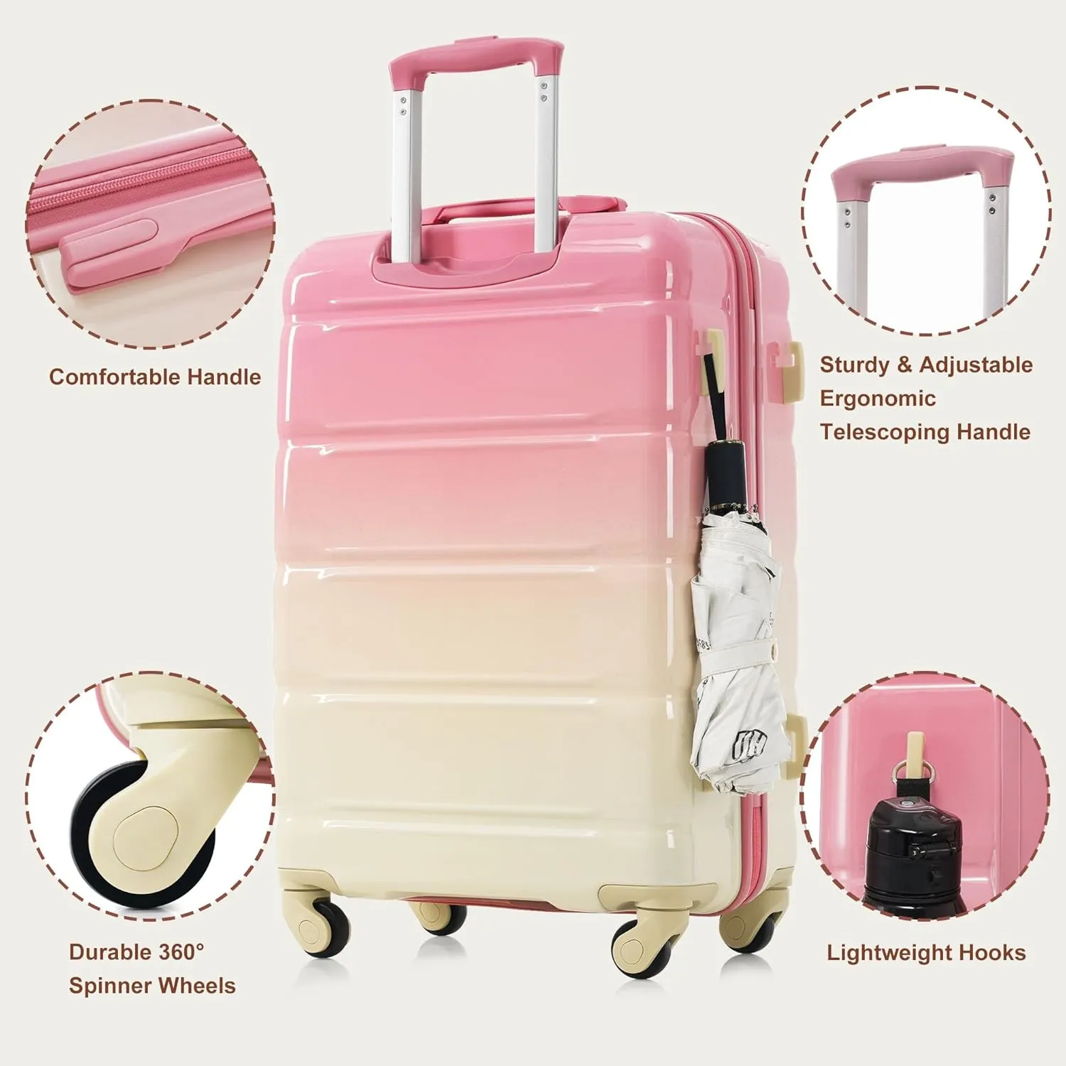 Durable 3-Piece Luggage Set with USB Port, Spinner Wheels, and ABS PC Hard Shell(Pink)