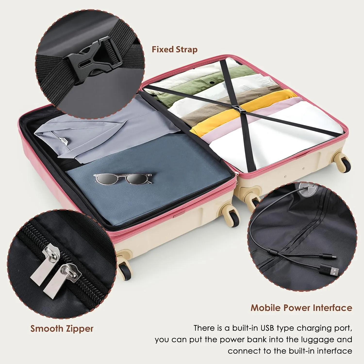 Durable 3-Piece Luggage Set with USB Port, Spinner Wheels, and ABS PC Hard Shell(Pink)