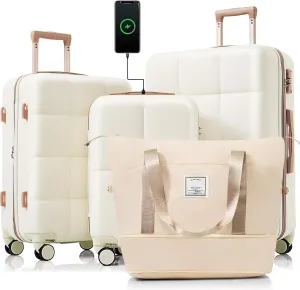 Durable 4 Piece Luggage Set with USB Charging, Expandable ABS Suitcases, 360 Spinner Wheels, Beige