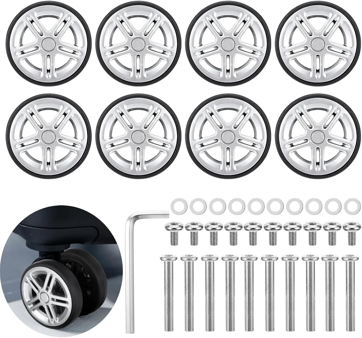 Durable 8-pc Luggage Replacement Kit - 360 Swivel Rubber Spinner Wheels for Suitcase & Trolley