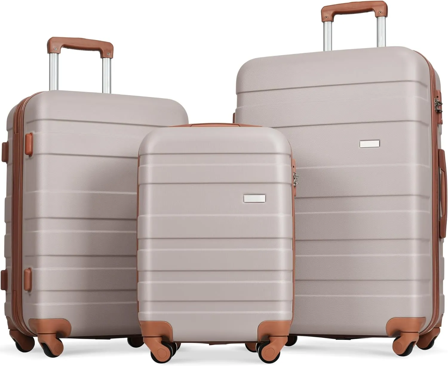 Durable ABS Hardshell Luggage Set - Lightweight 3-Piece Spinner Suitcase, 20'' 24'' 28'', Light Brown