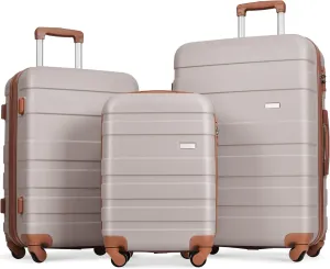 Durable ABS Hardshell Luggage Set - Lightweight 3-Piece Spinner Suitcase, 20'' 24'' 28'', Light Brown