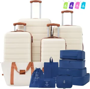 Durable and Lightweight 4-Piece Hardshell Luggage Set with Expandable Spinner Wheels, Brown and White