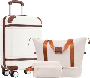 Durable Hardshell Luggage Set with Carry-On and Duffel Bag, 20 Inch, Spinner Wheels, White