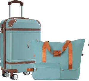 Durable Hardshell Luggage Set with Green Carry-on Suitcase and Bags, Spinner Wheels, Vintage Style