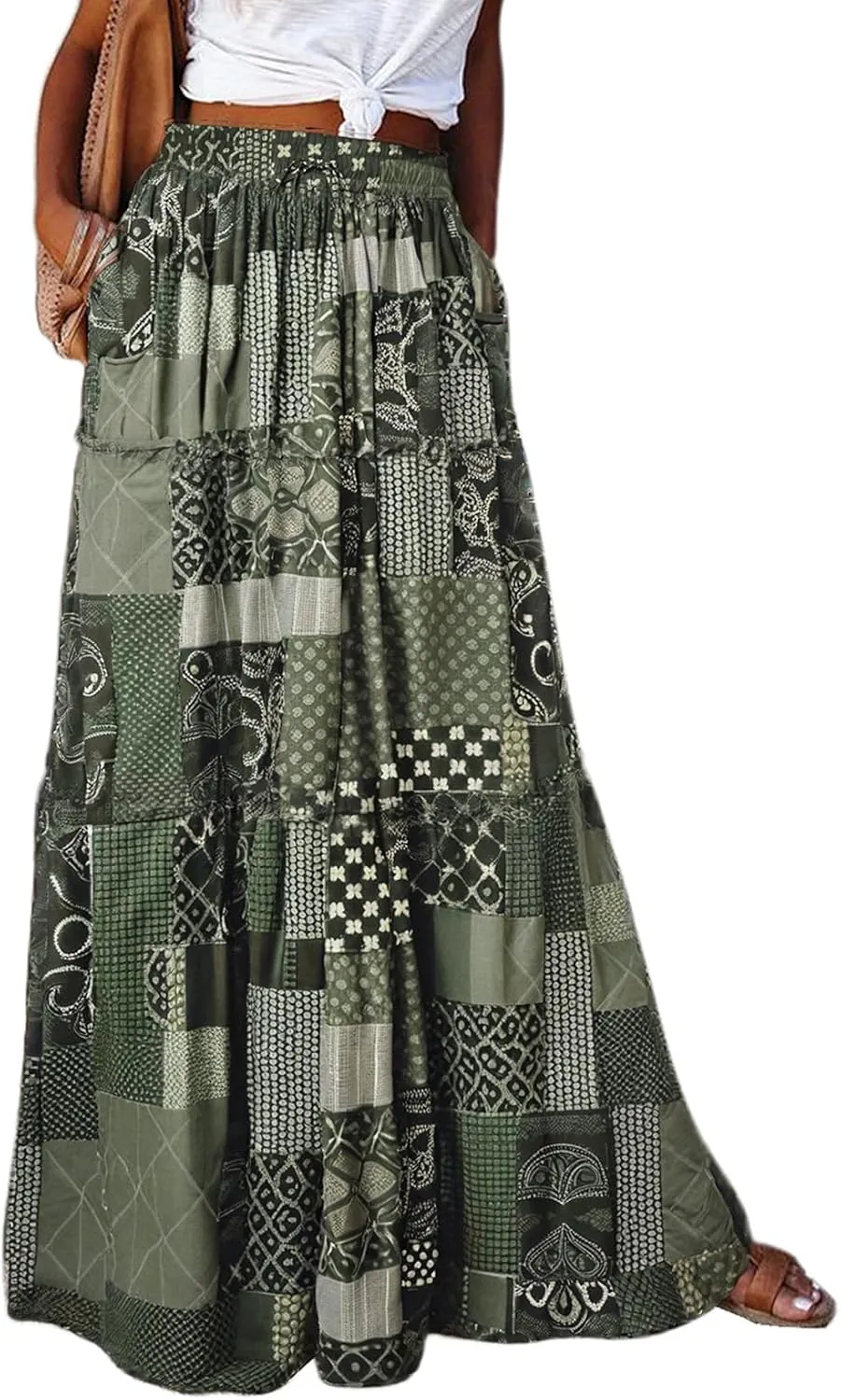 EARKOHA Womens Casual High Waist Tie Paisley Print Long Maxi Skirt with Pockets