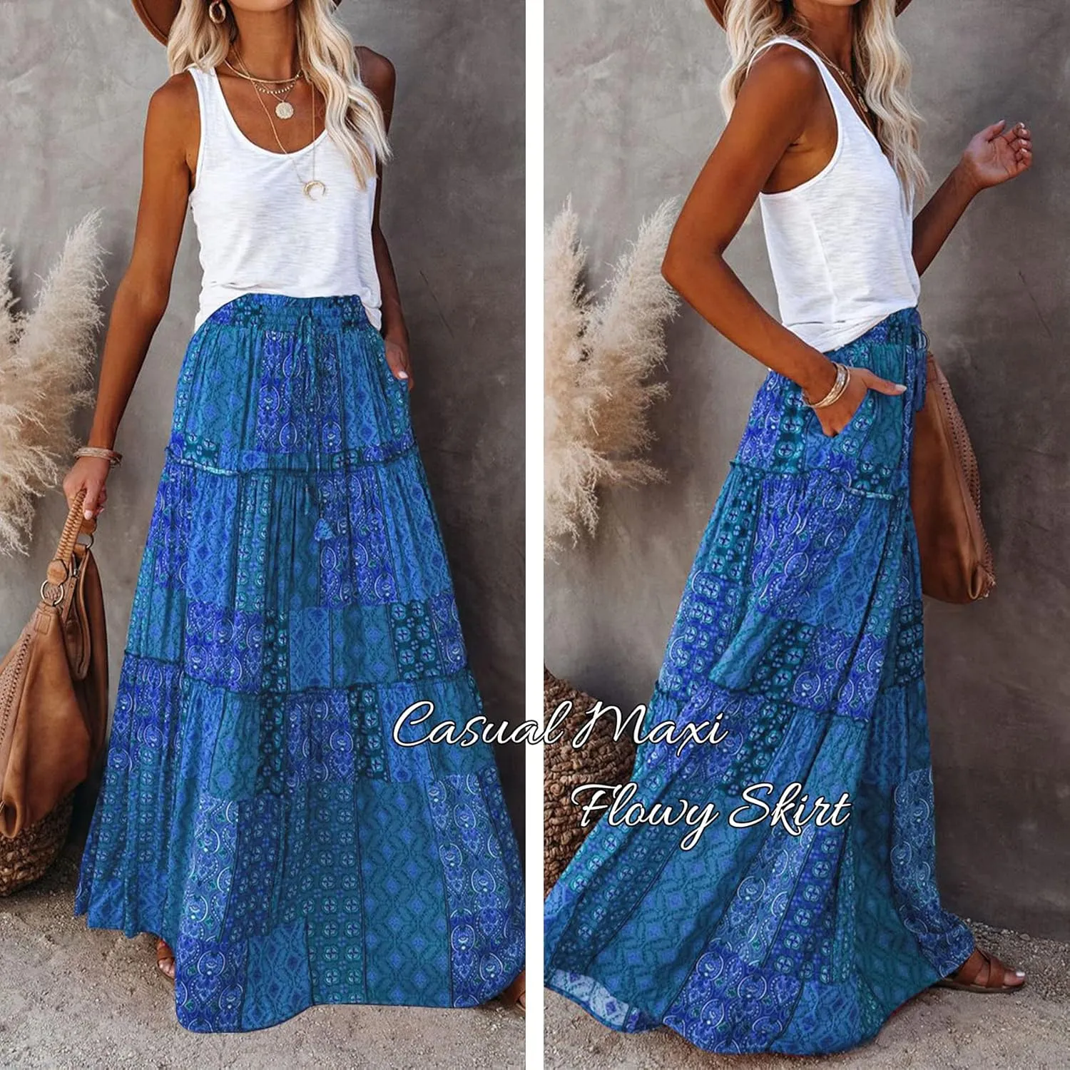 EARKOHA Womens Casual High Waist Tie Paisley Print Long Maxi Skirt with Pockets