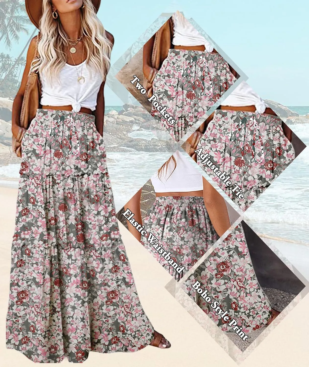 EARKOHA Womens Casual High Waist Tie Paisley Print Long Maxi Skirt with Pockets