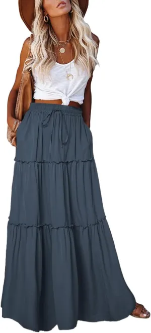 EARKOHA Womens Casual High Waist Tie Paisley Print Long Maxi Skirt with Pockets